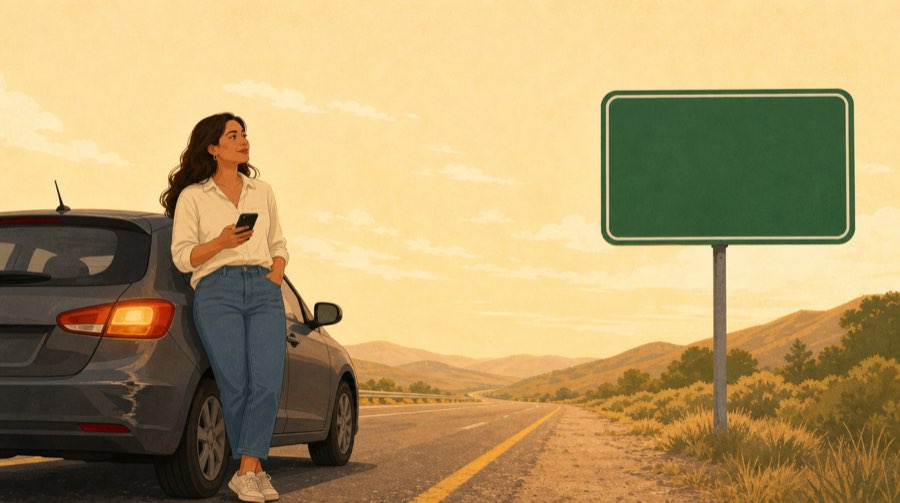 A woman beside her car on the shoulder, phone in hand, looking toward a green highway sign